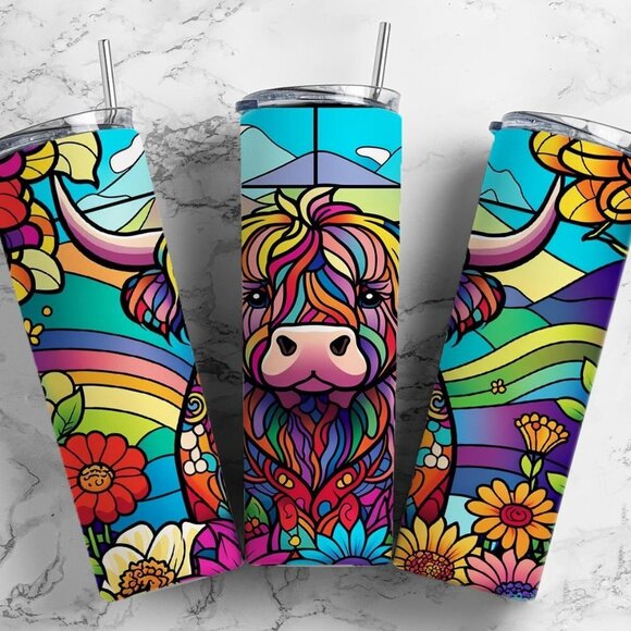 Custom 20oz Stainless Steel Tumbler - Stained Glass Happy Cow - Picture 1 of 1
